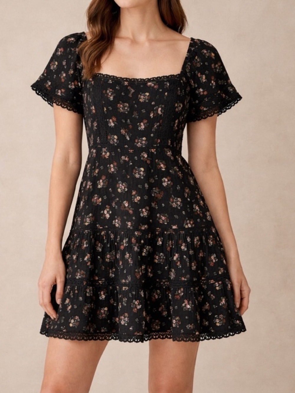 American Eagle Size S Floral Babydoll Mini Dress Black Puff Sleeve Lace Trim New